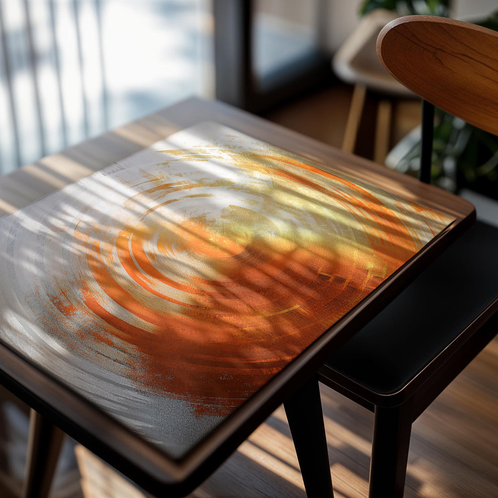 Abstract art piece with concentric circular patterns in orange and white on a white background, as a premium aluminum metal print from GoMetalPrint.
