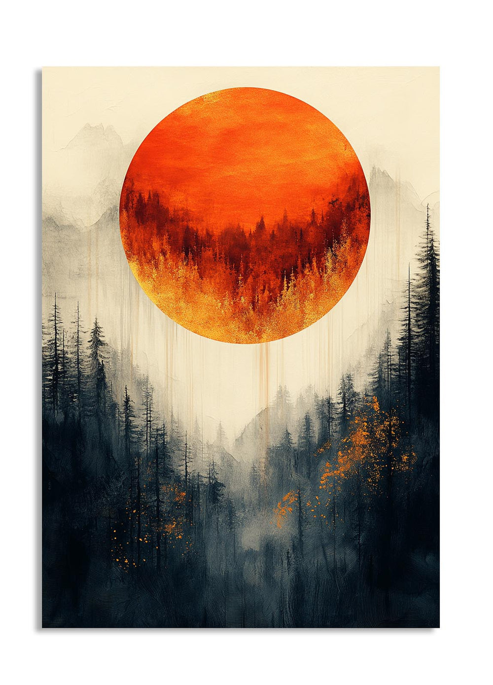 Artistic depiction of a large orange sun over a forest with a white background, as a premium aluminum metal print from GoMetalPrint.
