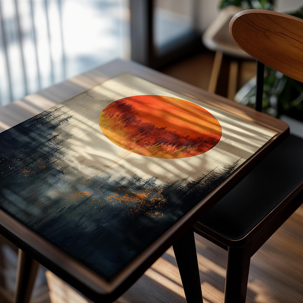 Artistic depiction of a large orange sun over a forest with a white background, as a premium aluminum metal print from GoMetalPrint.
