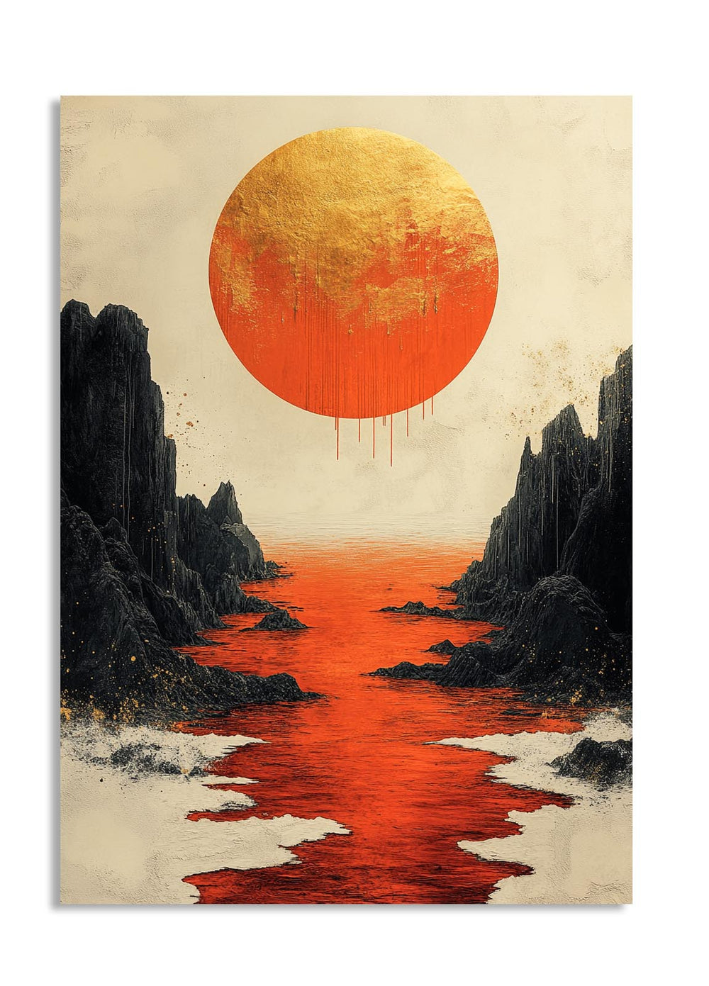 Surreal landscape with a large orange sun, dark cliffs, and red water, as a premium aluminum metal print from GoMetalPrint.

