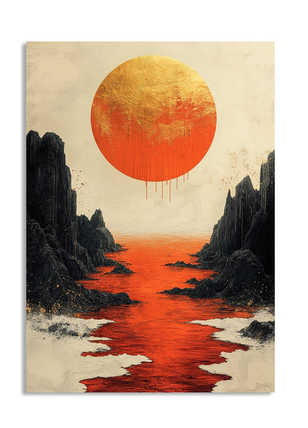 Surreal landscape with a large orange sun, dark cliffs, and red water, as a premium aluminum metal print from GoMetalPrint.

