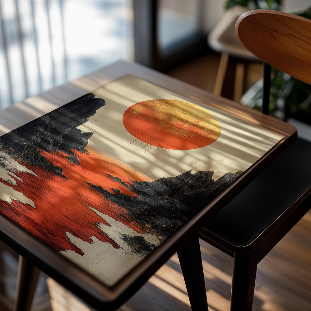 Surreal landscape with a large orange sun, dark cliffs, and red water, as a premium aluminum metal print from GoMetalPrint.

