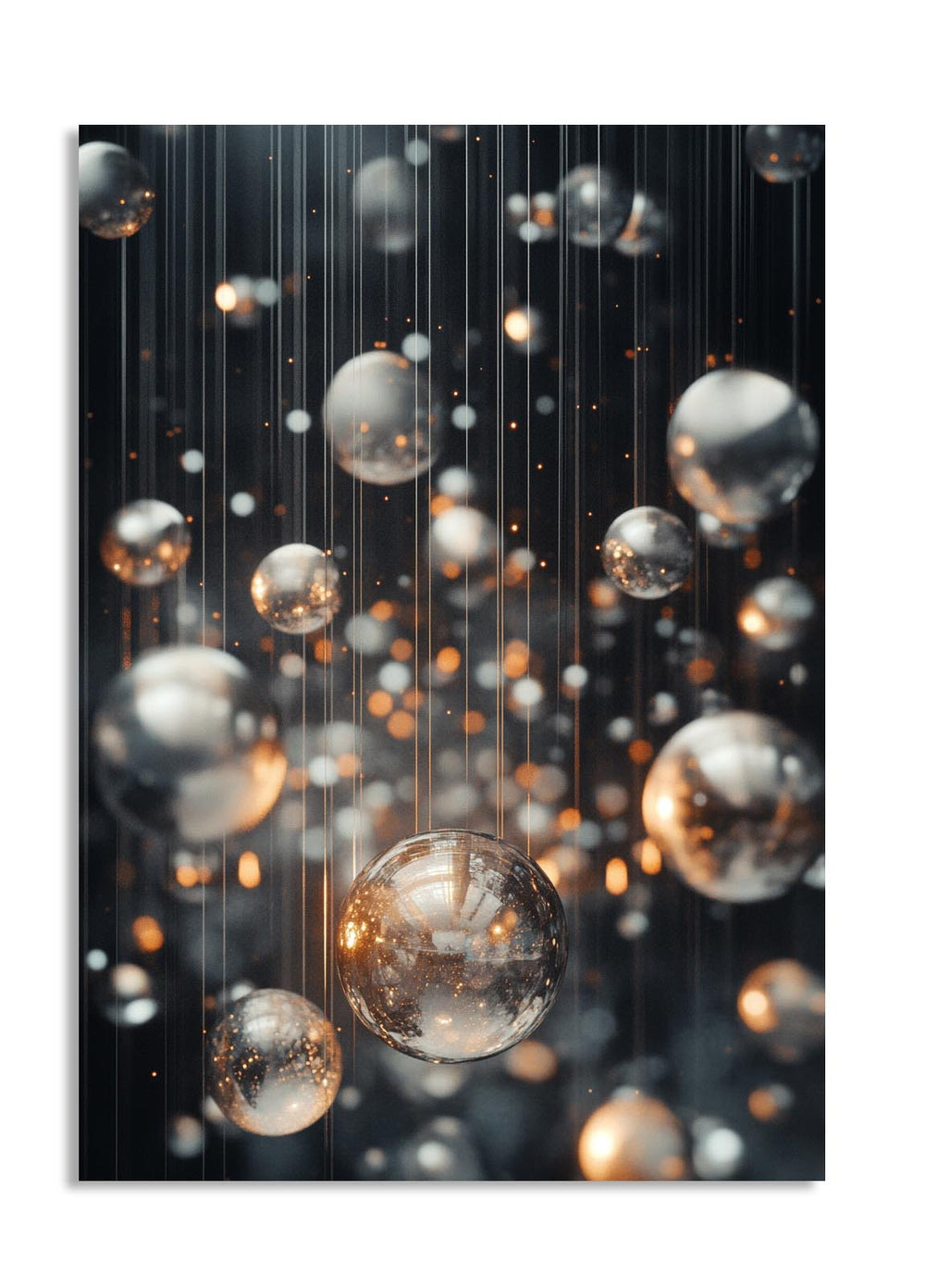 Transparent bubbles with gold reflections on a dark background, as a premium aluminum metal print from GoMetalPrint.
