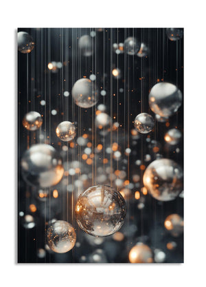 Transparent bubbles with gold reflections on a dark background, as a premium aluminum metal print from GoMetalPrint.

