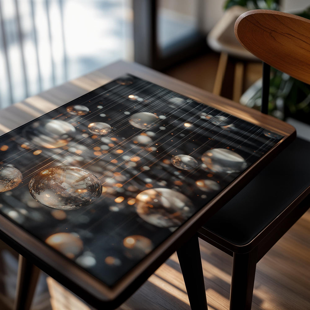 Transparent bubbles with gold reflections on a dark background, as a premium aluminum metal print from GoMetalPrint.
