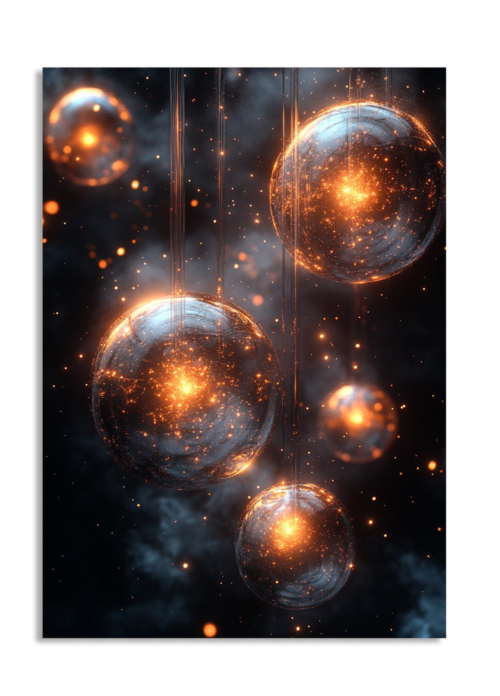 Artistic depiction of glowing orbs against a dark background, as a premium aluminum metal print from GoMetalPrint.
