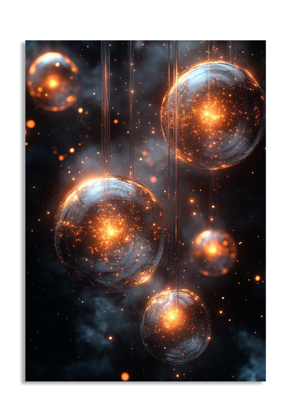 Artistic depiction of glowing orbs against a dark background, as a premium aluminum metal print from GoMetalPrint.
