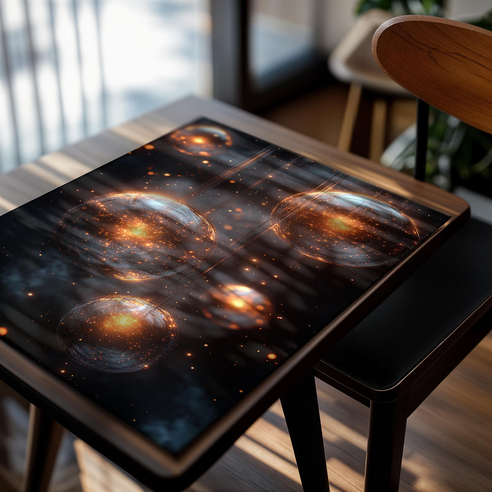 Artistic depiction of glowing orbs against a dark background, as a premium aluminum metal print from GoMetalPrint.
