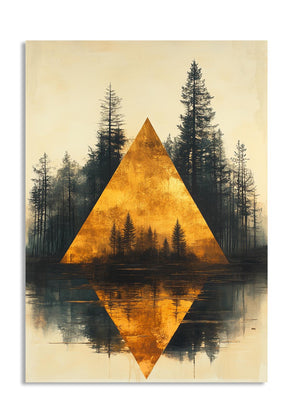 Gold pyramid over a reflective water surface with trees in the background, as a premium aluminum metal print from GoMetalPrint.

