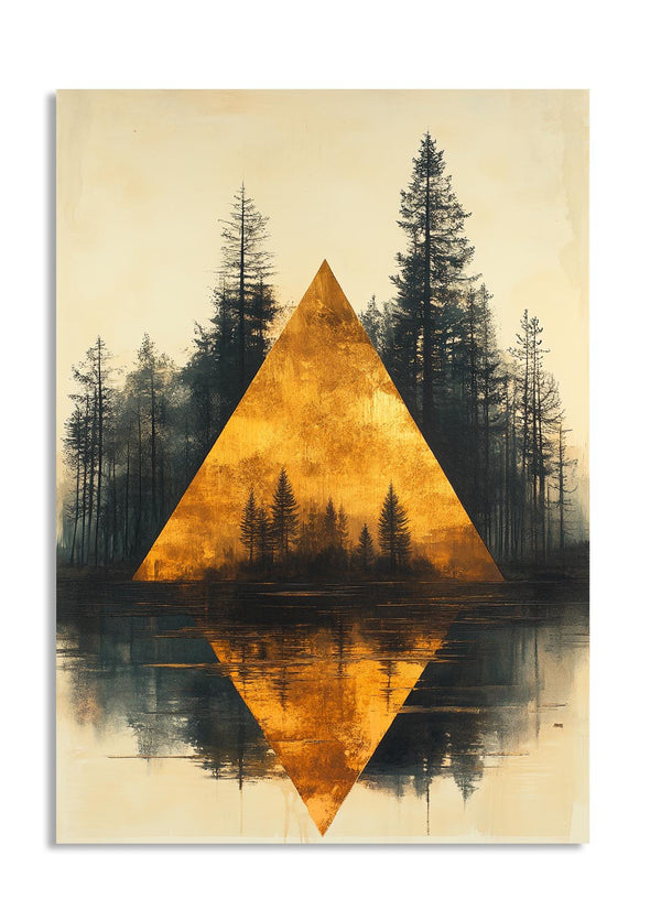 Gold pyramid over a reflective water surface with trees in the background, as a premium aluminum metal print from GoMetalPrint.

