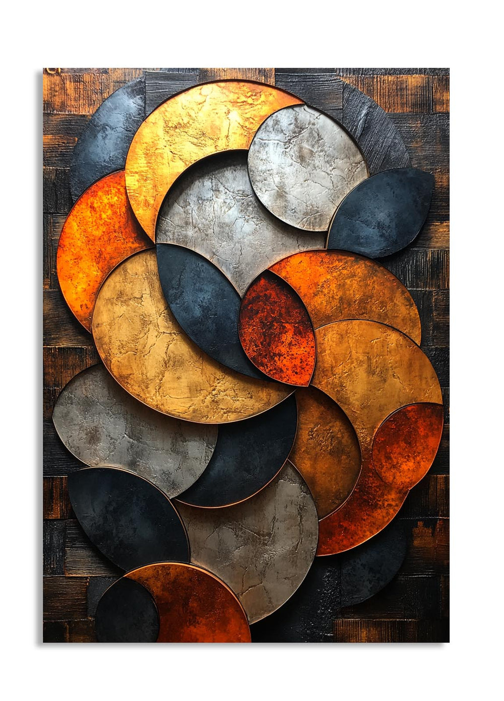 Decorative wall art with circular metal plates in gold, silver, and bronze on a wooden background, as a premium aluminum metal print from GoMetalPrint.
