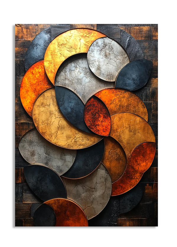 Decorative wall art with circular metal plates in gold, silver, and bronze on a wooden background, as a premium aluminum metal print from GoMetalPrint.
