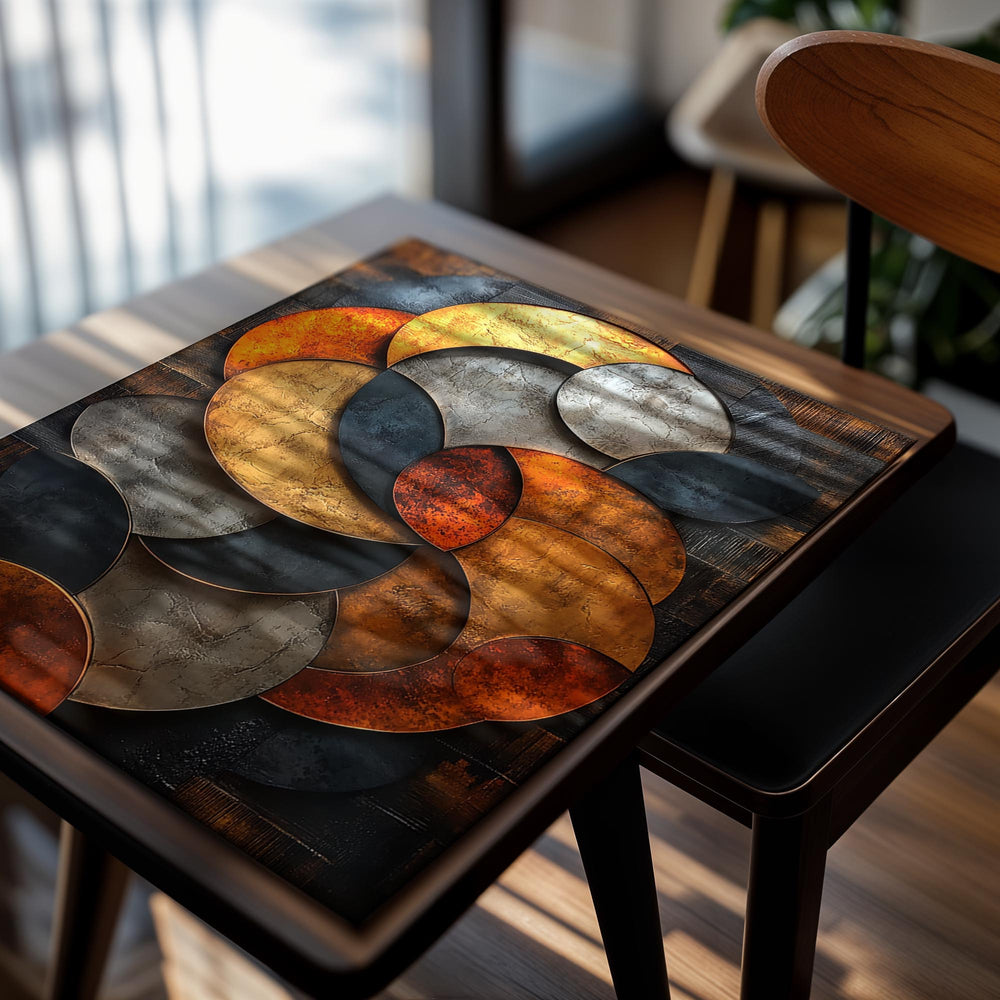 Decorative wall art with circular metal plates in gold, silver, and bronze on a wooden background, as a premium aluminum metal print from GoMetalPrint.
