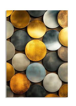 Pattern of circular discs in gold, silver, and bronze on a white background, as a premium aluminum metal print from GoMetalPrint.
