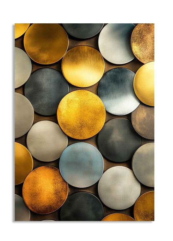 Pattern of circular discs in gold, silver, and bronze on a white background, as a premium aluminum metal print from GoMetalPrint.
