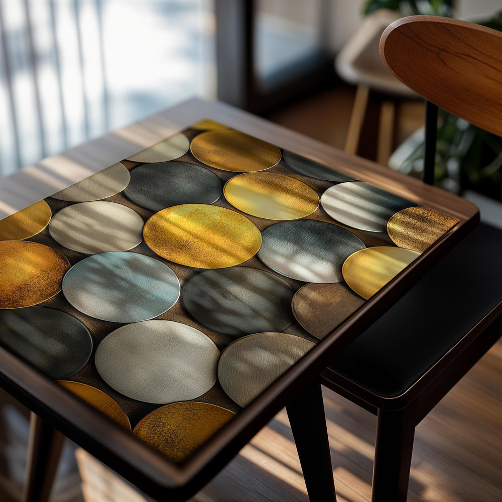 Pattern of circular discs in gold, silver, and bronze on a white background, as a premium aluminum metal print from GoMetalPrint.
