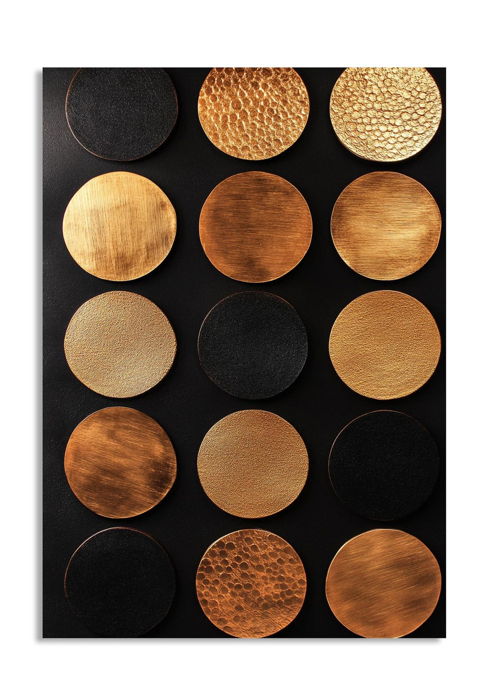 Set of round wooden coasters with different finishes on a black background, as a premium aluminum metal print from GoMetalPrint.
