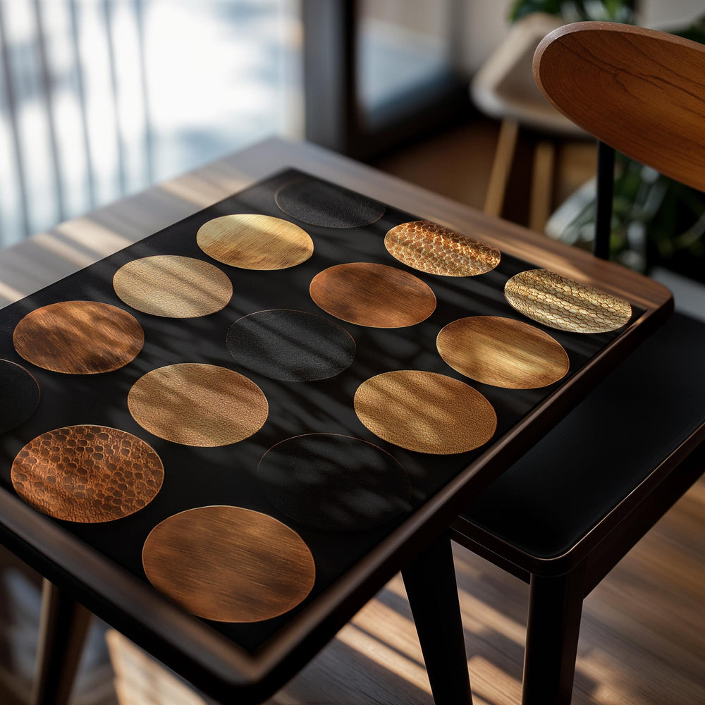Set of round wooden coasters with different finishes on a black background, as a premium aluminum metal print from GoMetalPrint.
