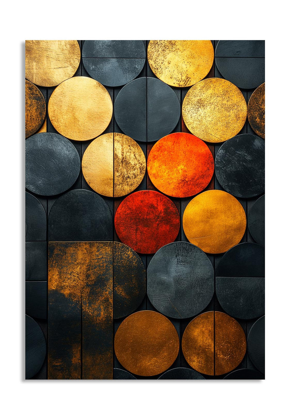 Abstract art piece with circular shapes in gold, black, and red on a white background, as a premium aluminum metal print from GoMetalPrint.
