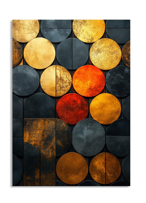 Abstract art piece with circular shapes in gold, black, and red on a white background, as a premium aluminum metal print from GoMetalPrint.
