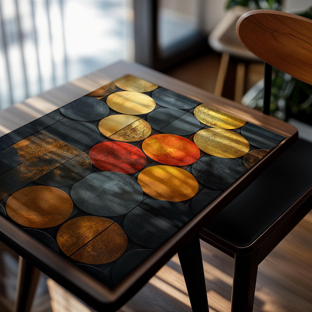 Abstract art piece with circular shapes in gold, black, and red on a white background, as a premium aluminum metal print from GoMetalPrint.
