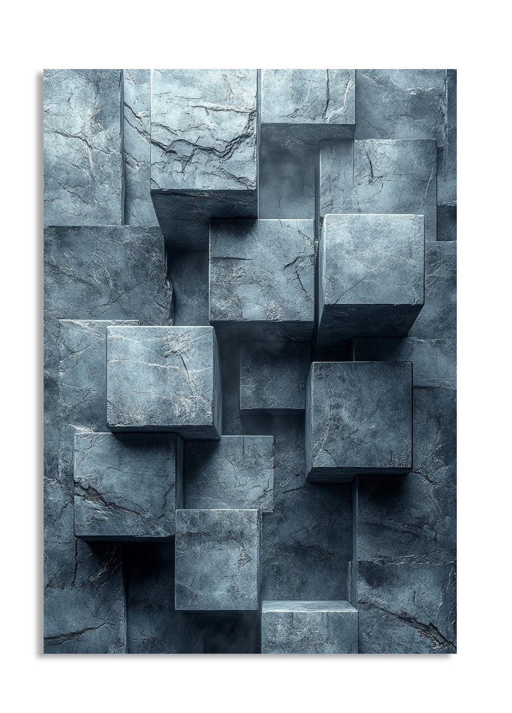 Abstract geometric design with interlocking stone-like cubes in shades of gray, as a premium aluminum metal print from GoMetalPrint.
