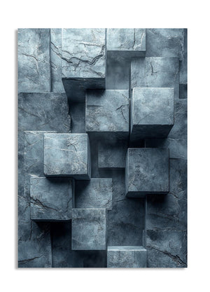 Abstract geometric design with interlocking stone-like cubes in shades of gray, as a premium aluminum metal print from GoMetalPrint.
