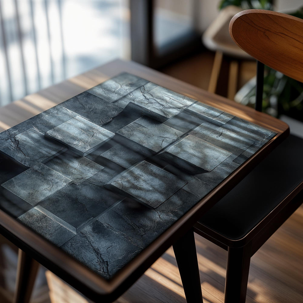 Abstract geometric design with interlocking stone-like cubes in shades of gray, as a premium aluminum metal print from GoMetalPrint.
