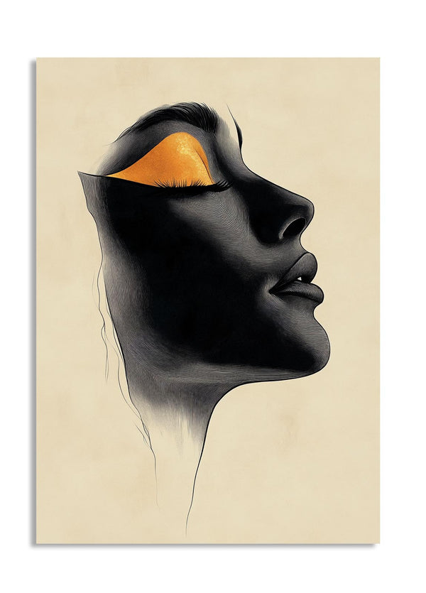 Artistic depiction of a black face with a yellow eye on a beige background, as a premium aluminum metal print from GoMetalPrint.

