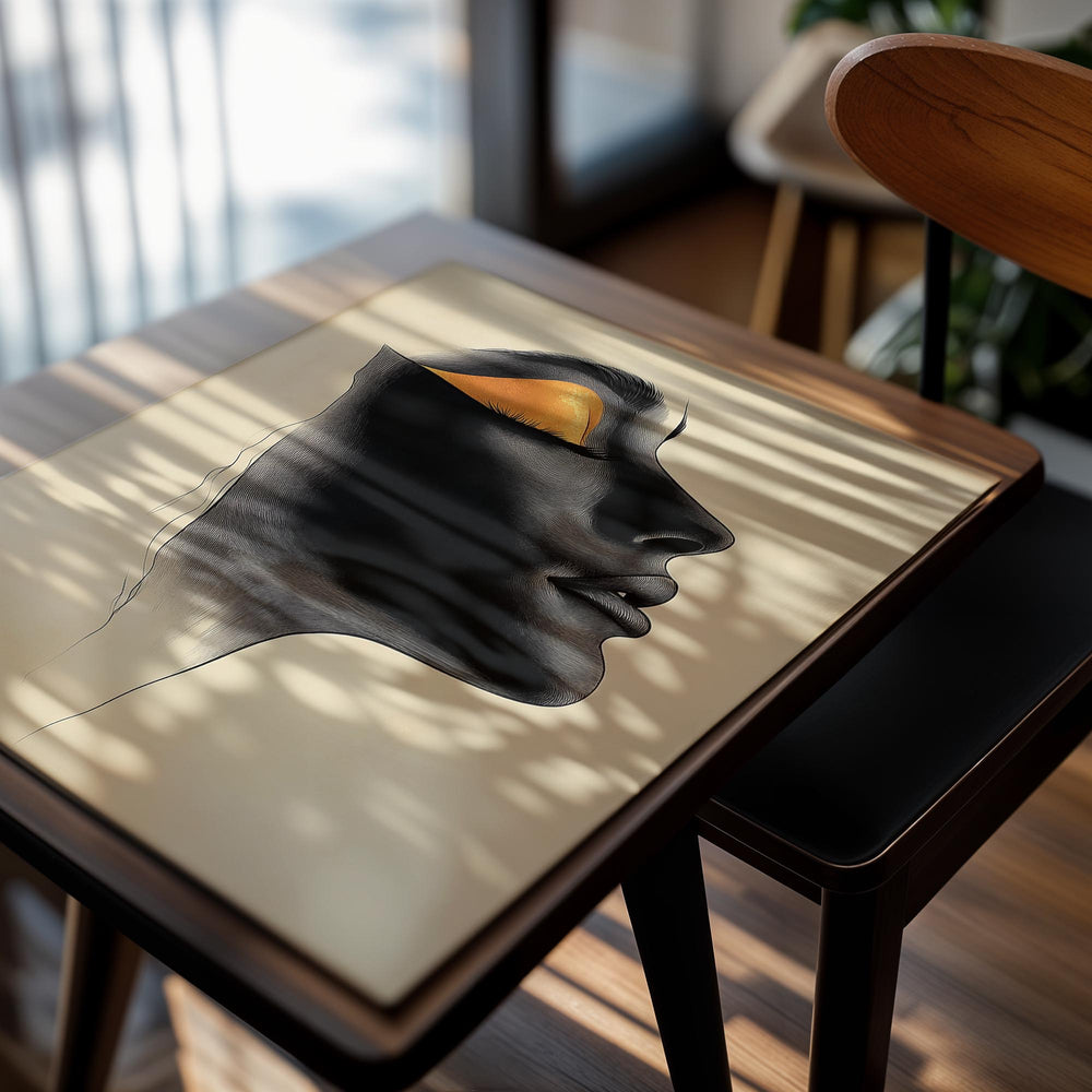 Artistic depiction of a black face with a yellow eye on a beige background, as a premium aluminum metal print from GoMetalPrint.
