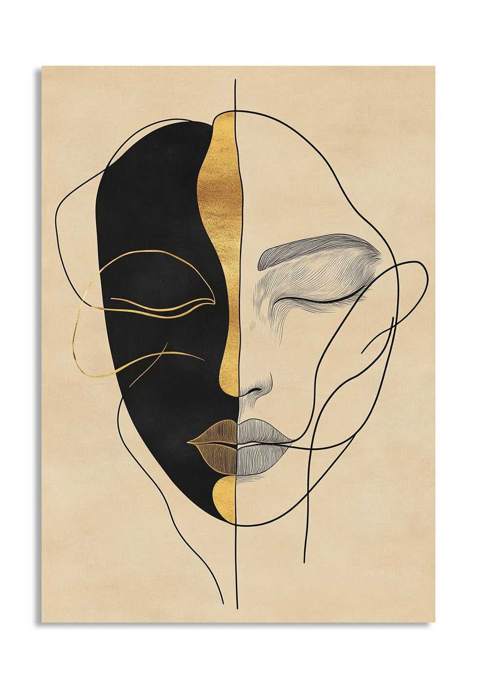 Abstract art print of a face with black, gold, and beige colors on a beige background, as a premium aluminum metal print from GoMetalPrint.
