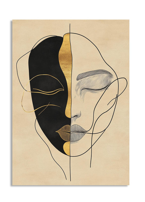 Abstract art print of a face with black, gold, and beige colors on a beige background, as a premium aluminum metal print from GoMetalPrint.
