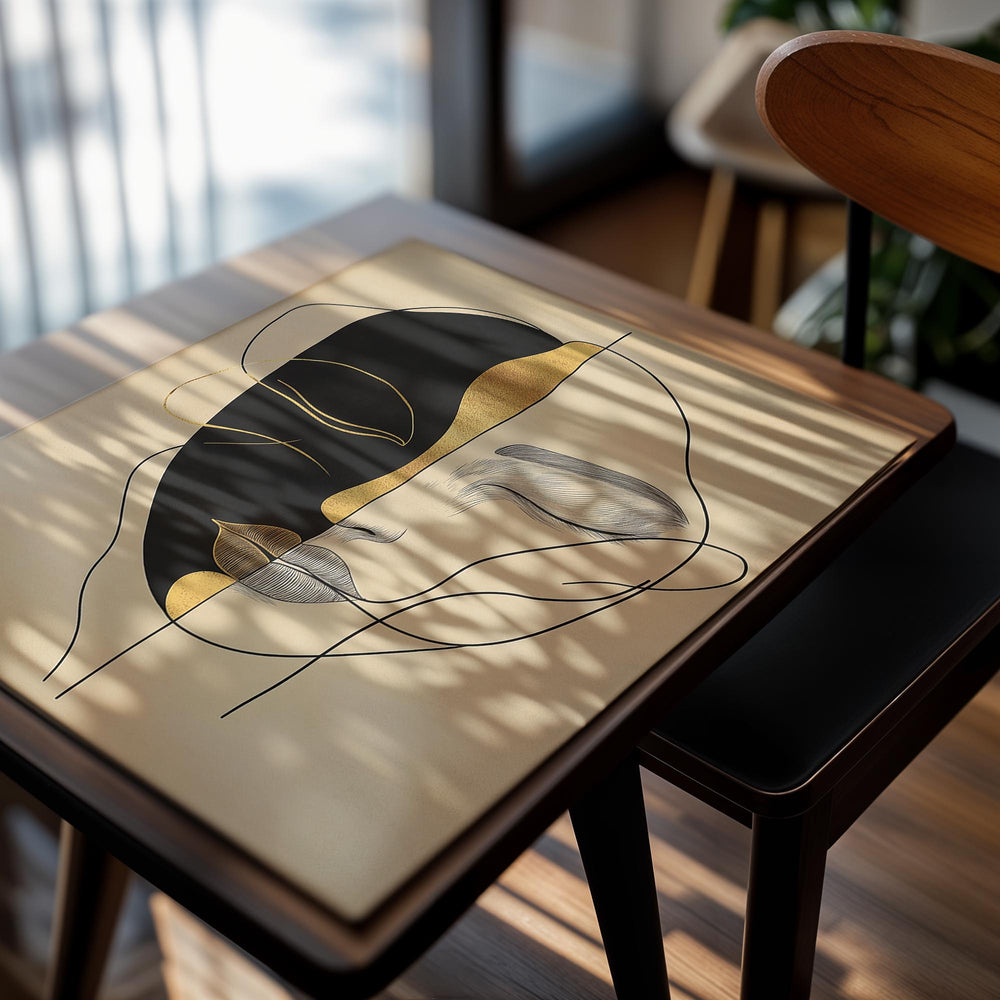 Abstract art print of a face with black, gold, and beige colors on a beige background, as a premium aluminum metal print from GoMetalPrint.
