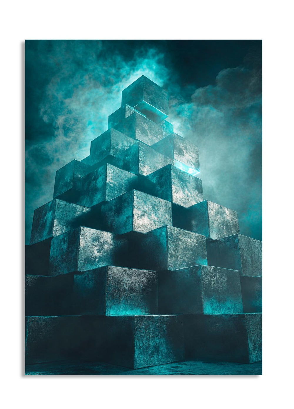 Geometric cube structure with a mystical, cloud-like background, as a premium aluminum metal print from GoMetalPrint.
