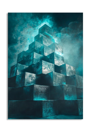 Geometric cube structure with a mystical, cloud-like background, as a premium aluminum metal print from GoMetalPrint.
