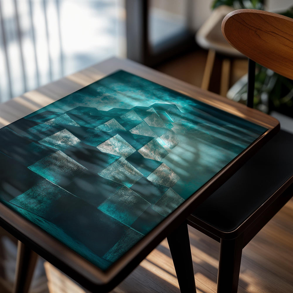 Geometric cube structure with a mystical, cloud-like background, as a premium aluminum metal print from GoMetalPrint.
