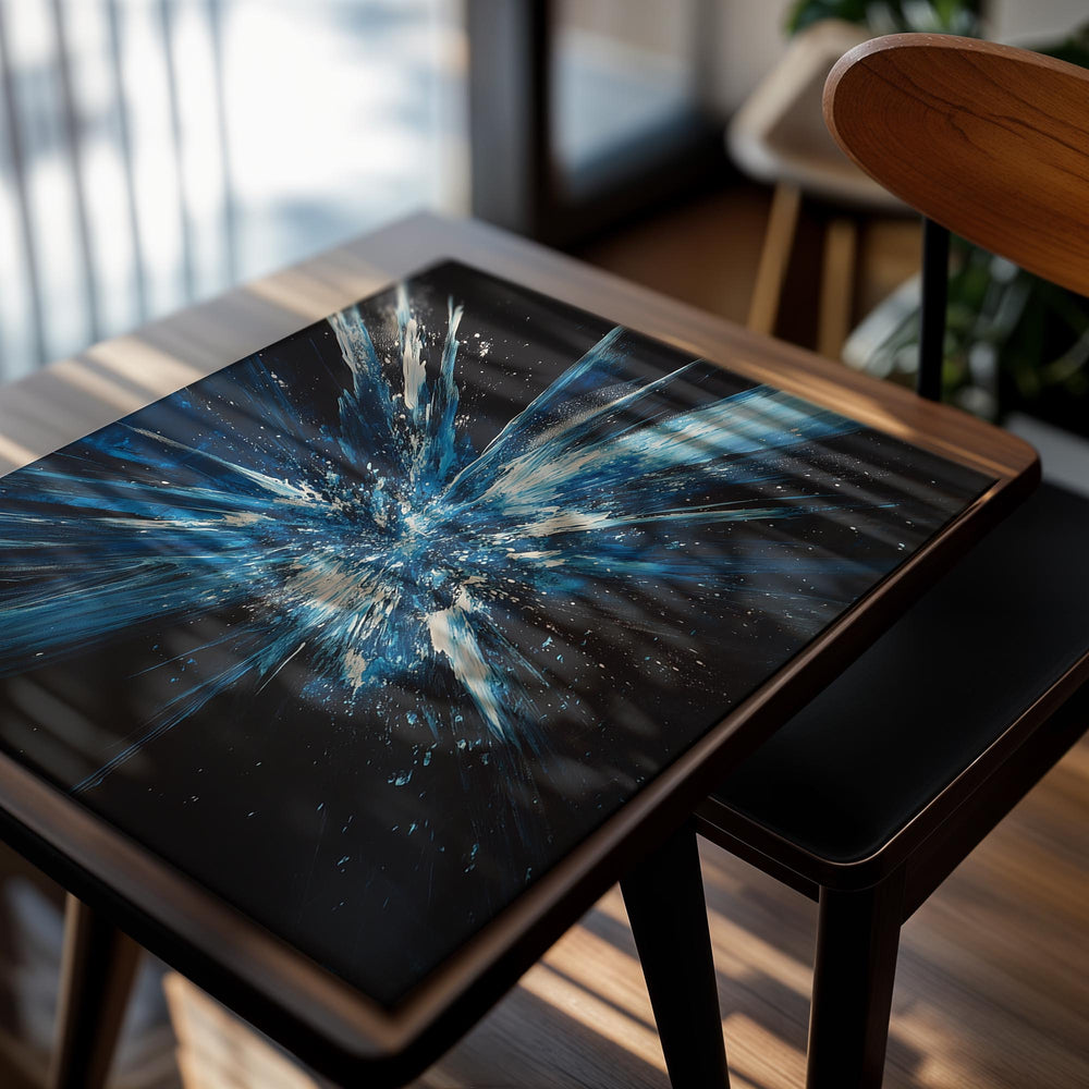 Abstract art piece with blue and white radiating lines on a black background, as a premium aluminum metal print from GoMetalPrint.
