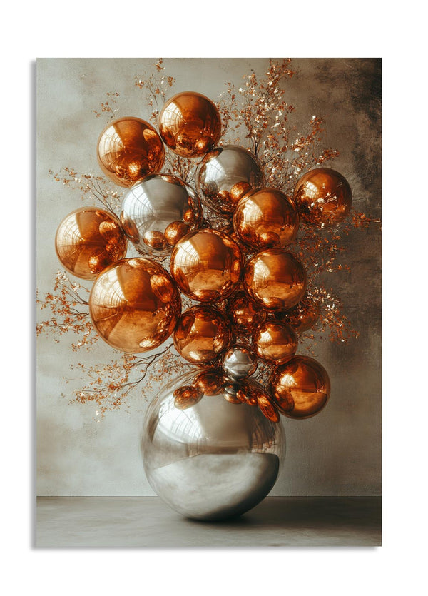 Decorative arrangement of metallic balloons in a glass vase on a neutral background, as a premium aluminum metal print from GoMetalPrint.
