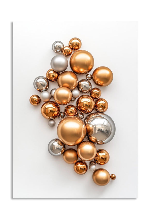Cluster of gold and silver spherical objects on a white background, as a premium aluminum metal print from GoMetalPrint.
