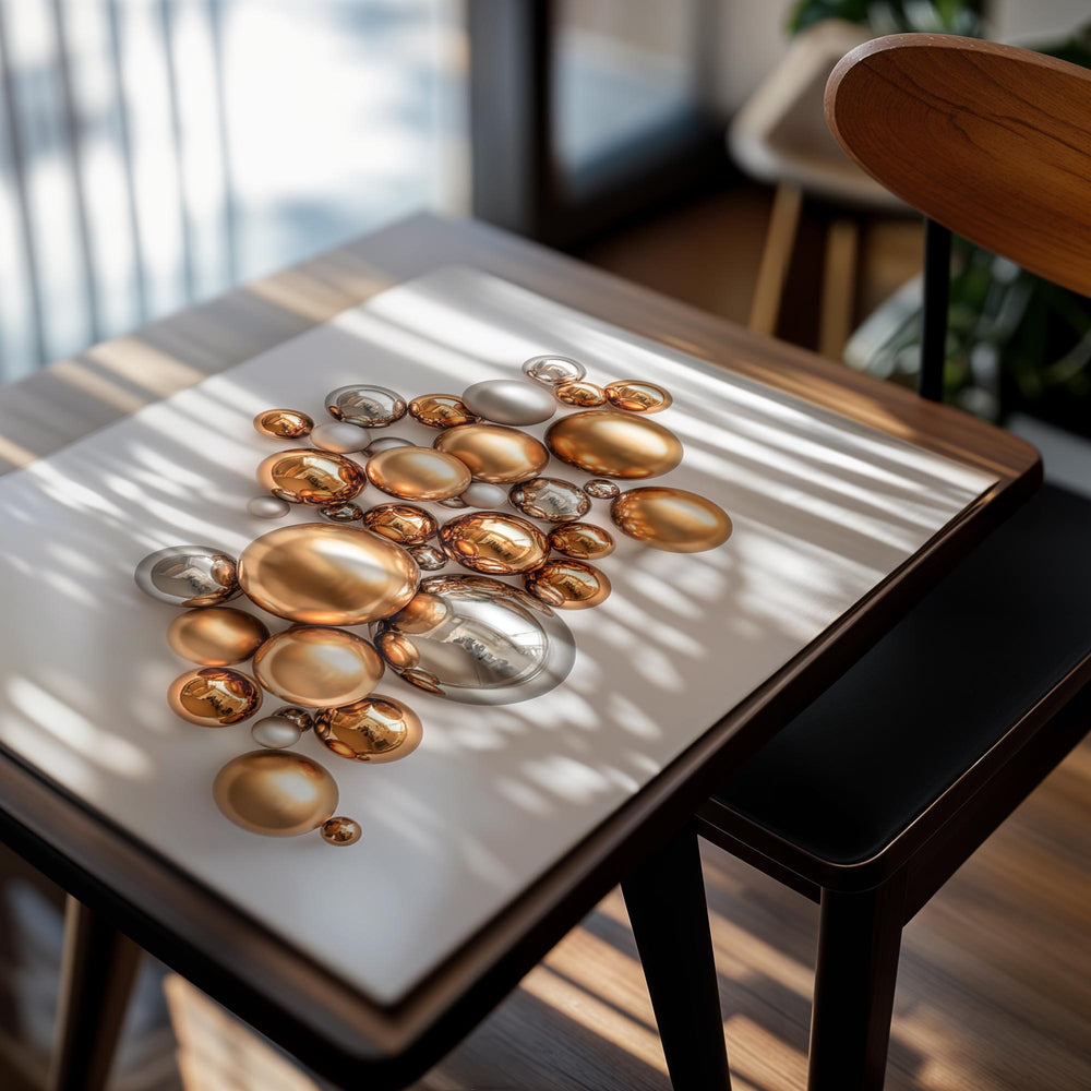 Cluster of gold and silver spherical objects on a white background, as a premium aluminum metal print from GoMetalPrint.
