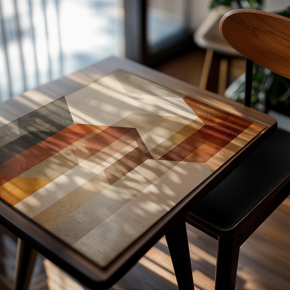 Geometric patterned rug with brown, beige, and gray colors on a white background, as a premium aluminum metal print from GoMetalPrint.
