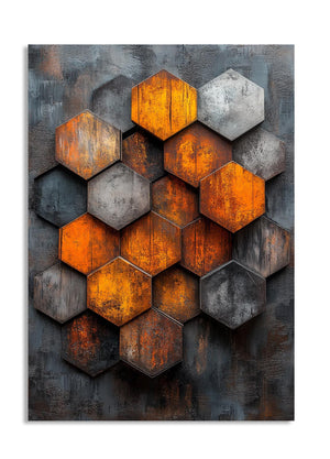 Hexagonal metal tiles in orange, gray, and brown on a textured background, as a premium aluminum metal print from GoMetalPrint.

