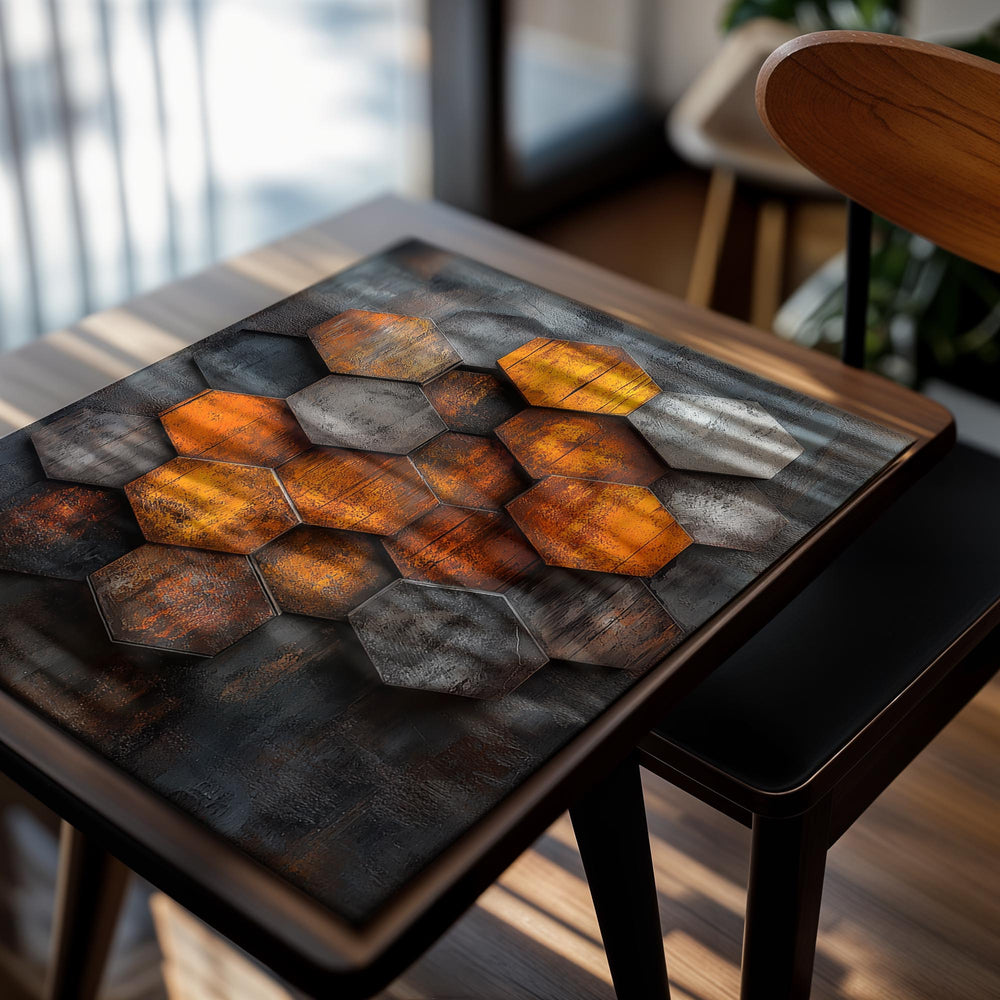 Hexagonal metal tiles in orange, gray, and brown on a textured background, as a premium aluminum metal print from GoMetalPrint.
