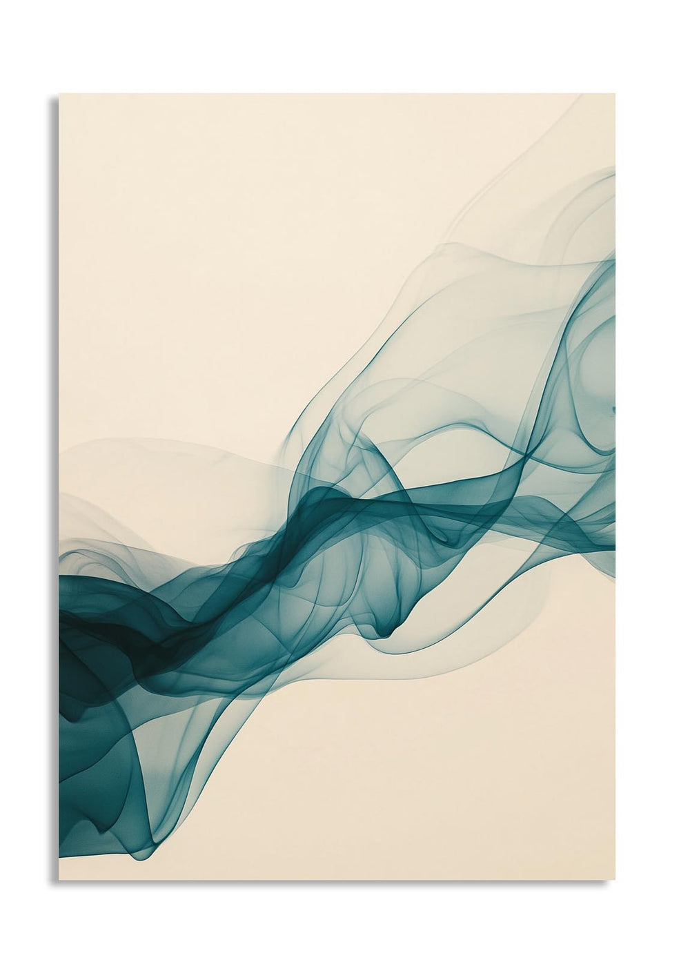 Abstract art print with blue and white smoke-like design on a beige background , as a premium aluminum metal print from GoMetalPrint.
