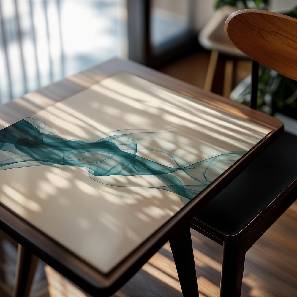 Abstract art print with blue and white smoke-like design on a beige background , as a premium aluminum metal print from GoMetalPrint.
