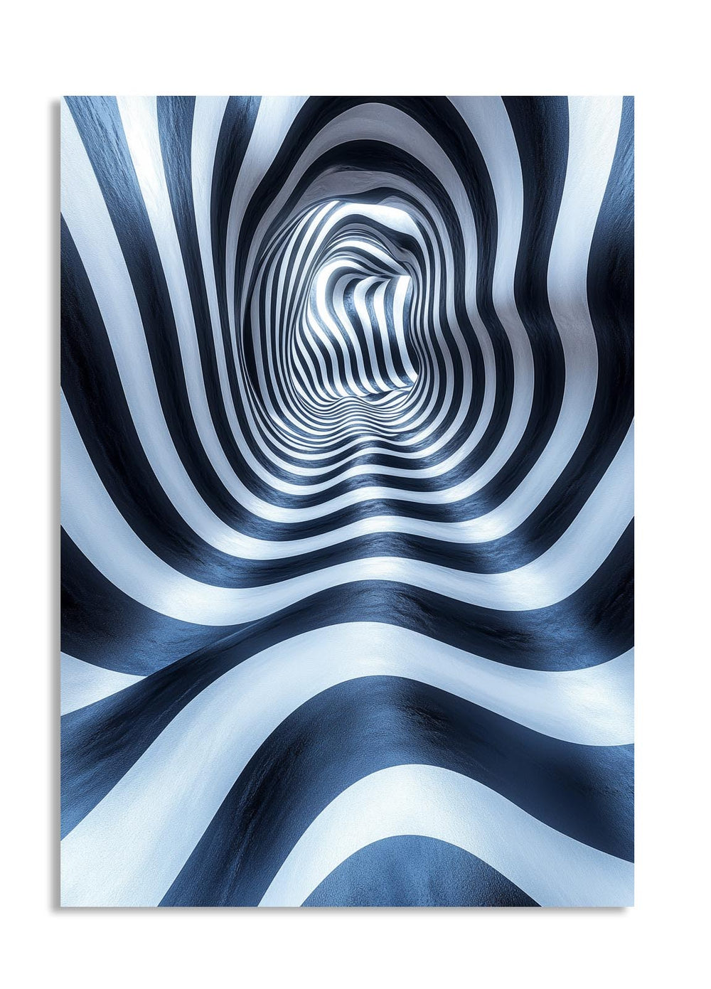 Abstract blue and white spiral pattern on a white background, as a premium aluminum metal print from GoMetalPrint.
