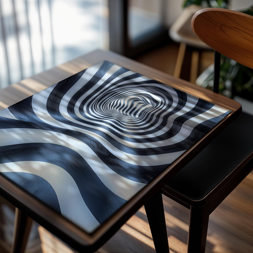 Abstract blue and white spiral pattern on a white background, as a premium aluminum metal print from GoMetalPrint.
