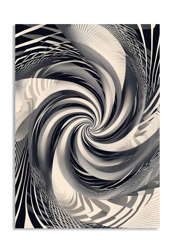 Abstract black and white spiral design on a textured background, as a premium aluminum metal print from GoMetalPrint.
