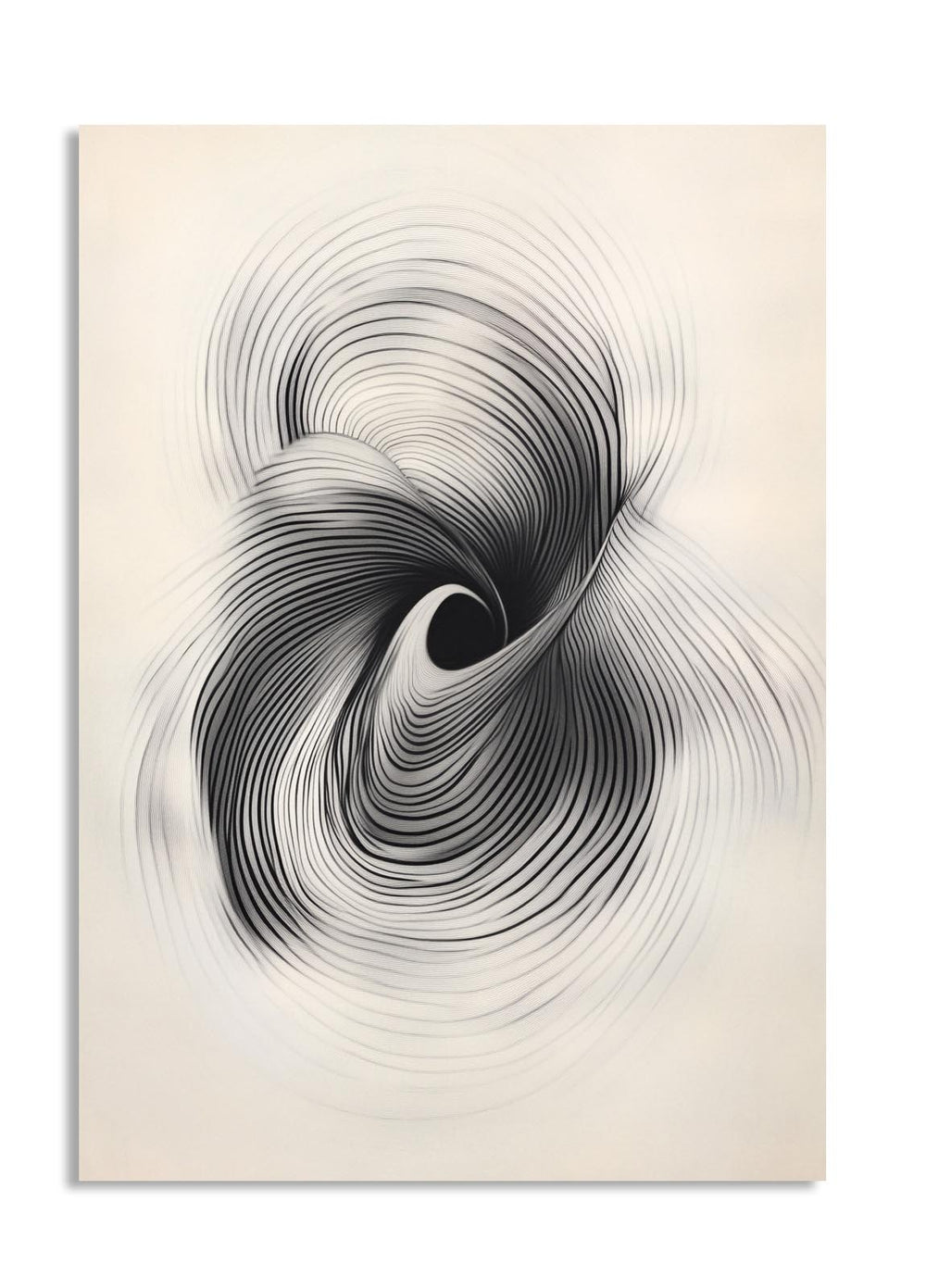 Abstract black and white spiral design on a beige background, as a premium aluminum metal print from GoMetalPrint.
