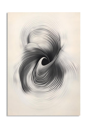 Abstract black and white spiral design on a beige background, as a premium aluminum metal print from GoMetalPrint.
